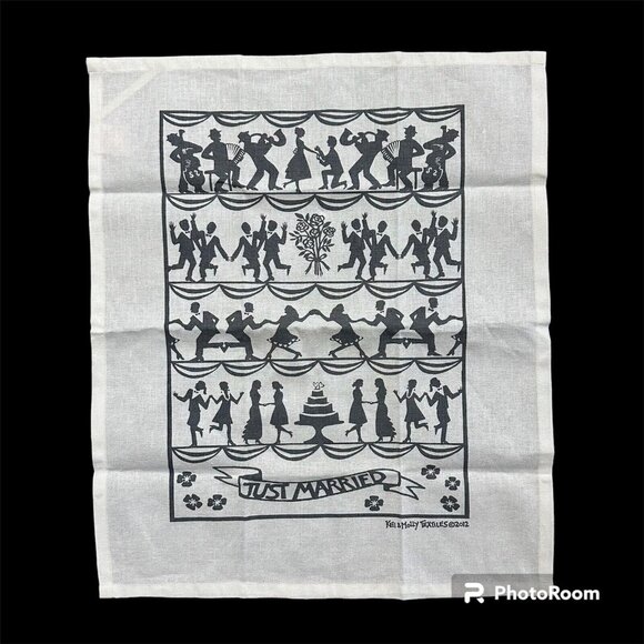Kitchen Dish Towel Hand Printed Original Design Gray Just Married Kei & Molly - Picture 2 of 12